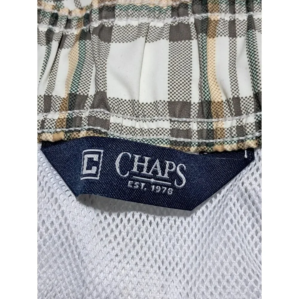 Chaps Plaid Swim Trunks Mens XL Beige White Polyester Mesh‎ Lined Drawstring